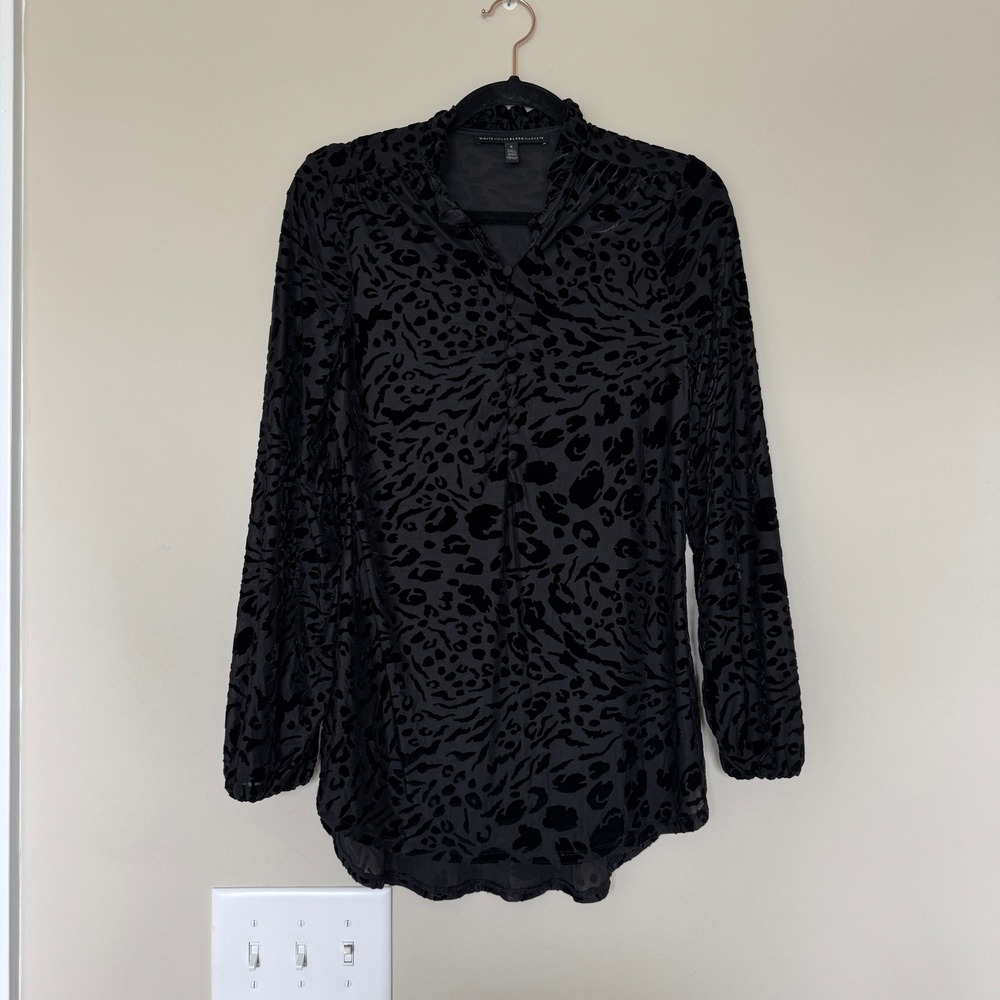 White House Black Market Black Leopard Burnout Velvet Ruffle Neck Blouse Small